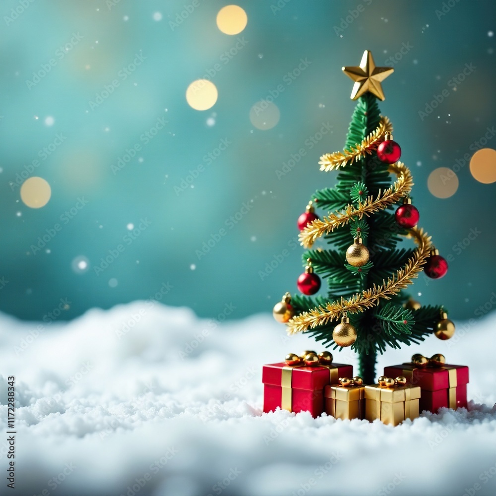Miniature Christmas tree with golden garland and presents on a snowy surface, miniature, landscape Miniature Christmas tree with golden garland and presents on a snowy surface, miniature, landscape