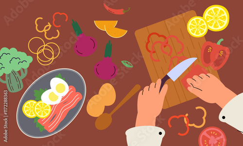 Food cooking top view. Sign or poster for restaurant menu with dish cook. Chef cooking at kitchen with meal ingredients
