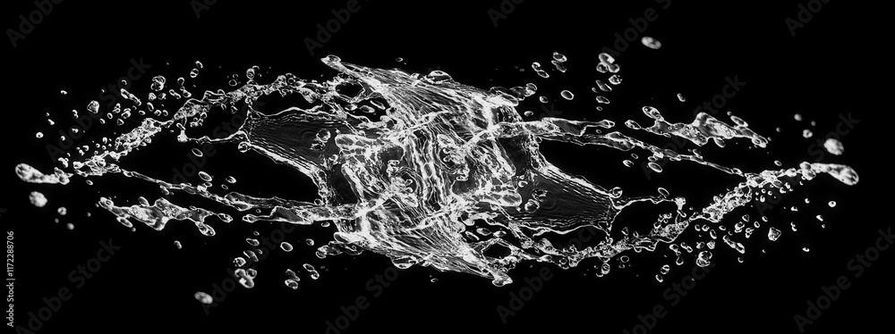 Obraz premium 黒い背景に流れる透明な波と水しぶきいの3Dイラスト