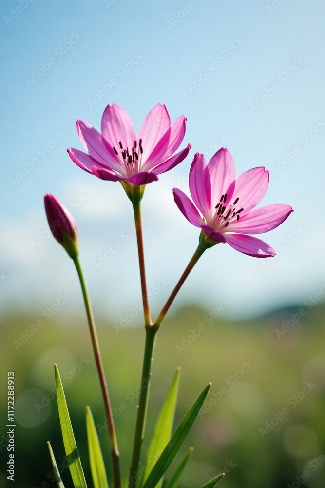 Fototapeta premium delicate pink centaurium erythraea flowers against light sky, botany, blossoms, natural world