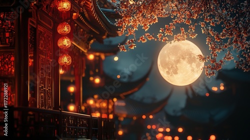 Enchanting Lunar New Year celebration at night, red and gold decor glowing softly under a full moon