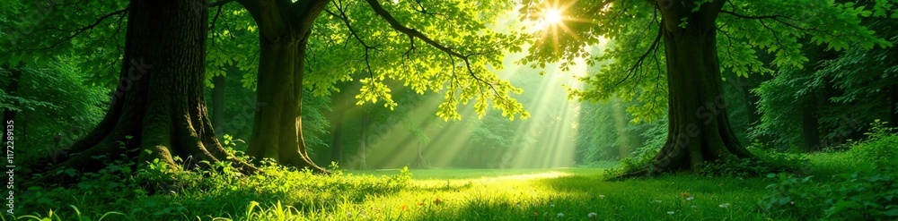 Obraz premium Dappled sunlight filters through leafy canopy, greenery, shadows