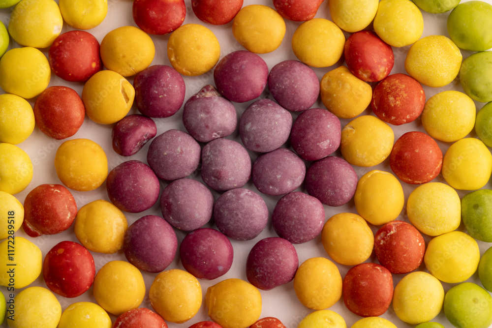 Gradient Circle made of Dye-free natural candy with no artificial ingredients isolated on a white background in groups based on the color, healthier alternative, good option for ADHD children Gradient Circle made of Dye-free natural candy with no artificial ingredients isolated on a white background in groups based on the color, healthier alternative, good option for ADHD children