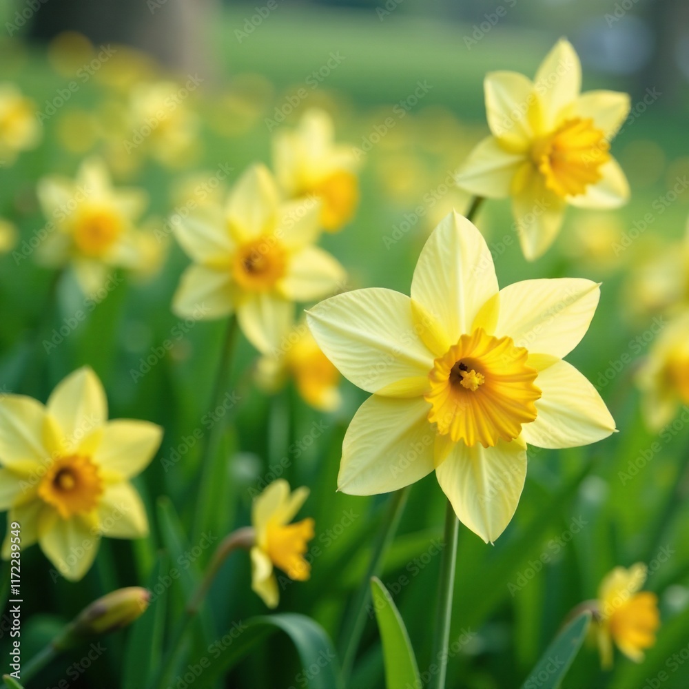 Pastel yellow flowers with delicate petals in a spring garden, Botanicals, Yellow Spring Flowers, Greenery