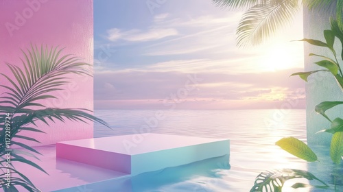 3d background product display podium scene with leaf geometric platform,cloud and sky, palm shadows and white stone podium,Mockup for eco beauty cosmetic advertising,Copy space.