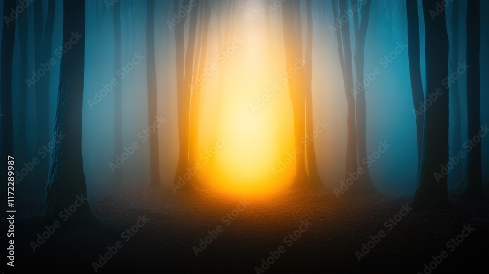 Fototapeta premium Enchanted Forest with Mysterious Light in a Foggy Atmosphere