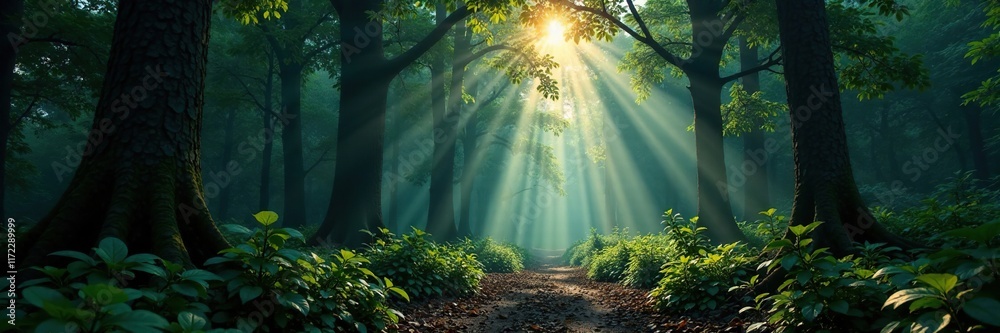 Fototapeta premium Dense foliage blocks sunlight, casting eerie shadows, dark woods, mystic surroundings, woodland secrets