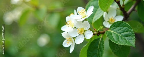 White flower clusters on Philadelphus inodorus shrub, yellow stamens, spring bloom, garden feature photo