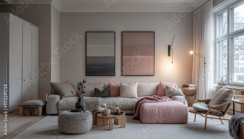 Wallpaper Mural Serene Modern Living Room Interior Design with Pink Accents and Neutral Tones Torontodigital.ca
