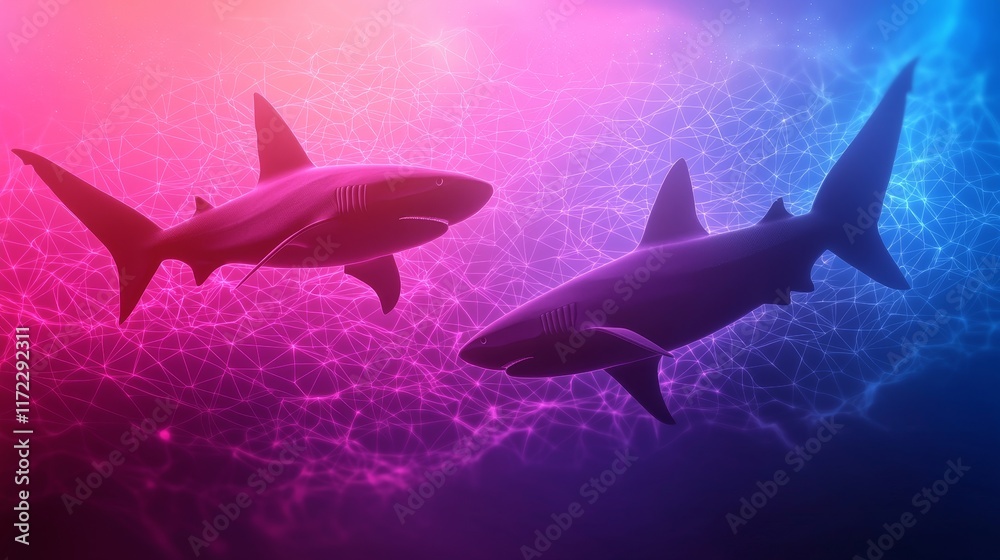 Fototapeta premium Two sharks swim in a vibrant, colorful underwater scene, illuminated by a blend of pink and blue hues, creating a mesmerizing aquatic atmosphere.