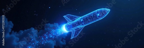 Holographic blue wireframe of a sleek space rocket against inky black night sky, abstract, dark blue