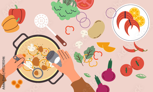 Food cooking top view. Sign or poster for restaurant menu with dish cook. Chef cooking at kitchen with meal ingredients