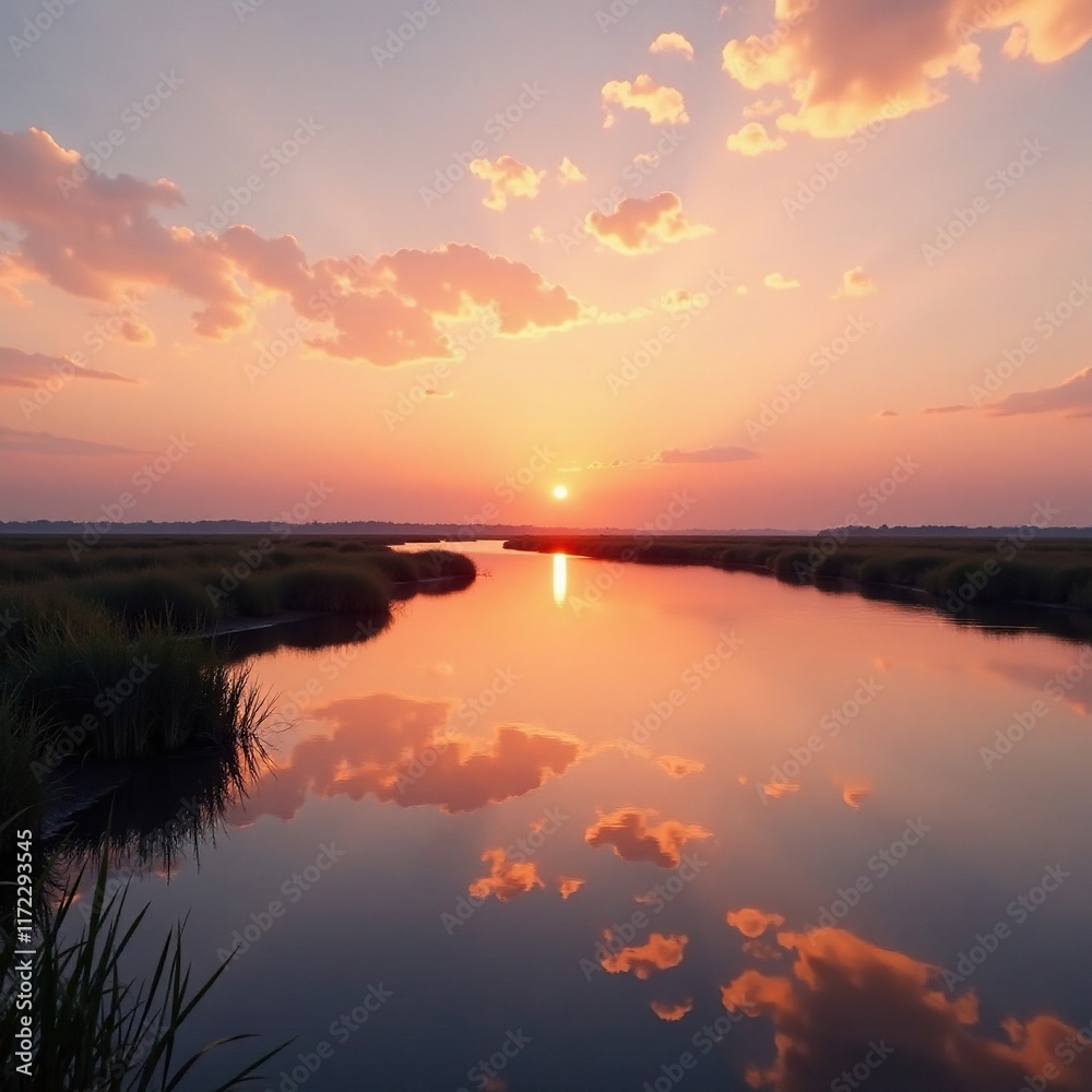 Obraz premium The reflective calmness of high tide brings a sense of tranquility to the marsh at dusk, stillness, tranquil, water