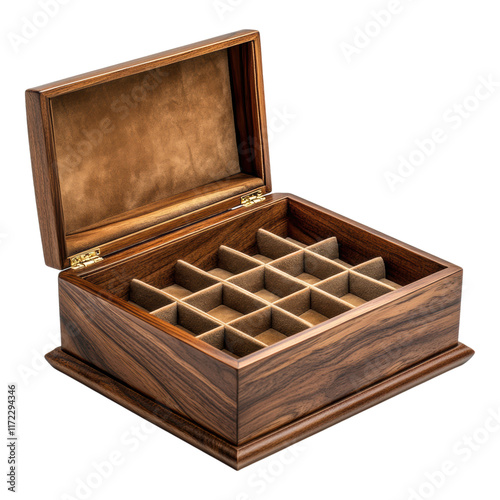 Vintage wooden treasure chest with coins and jewelry, open and isolated on transparent background. photo