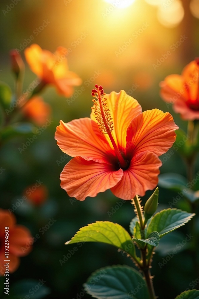 Orange hibiscus flowers basking in morning sunlight's warmth, flowers, radiance, warm light Orange hibiscus flowers basking in morning sunlight's warmth, flowers, radiance, warm light