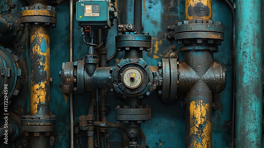 Close-up view of pipeline valves and hydraulic pipes highlighting gas transport and leak detection in an industrial setting. Close-up view of pipeline valves and hydraulic pipes highlighting gas transport and leak detection in an industrial setting.