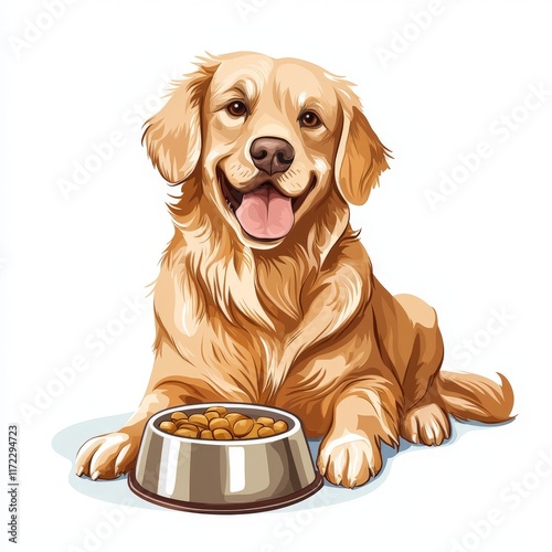 a happy golden retriever dog with a bowl of food - cartoon style illustration on white background