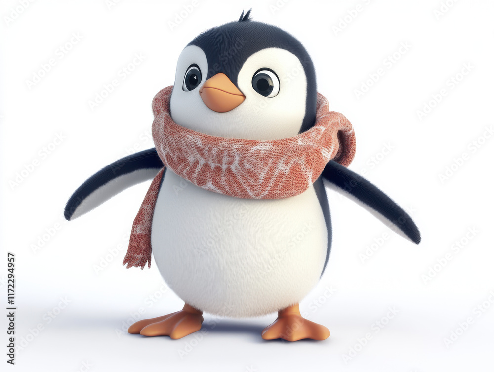 Fototapeta premium cute cartoon penguin wearing scarf stands cheerfully on ice, showcasing its playful nature and adorable features. This charming character is perfect for winter themed designs