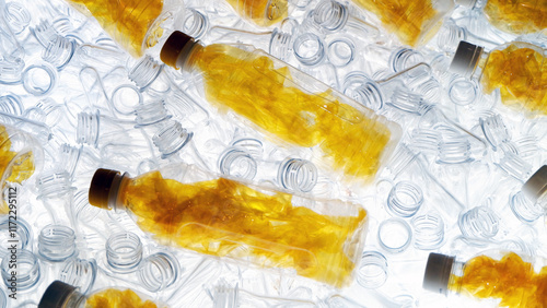 Abstract background of yellow plastic water bottles among white plastic water bottles. Yellow water bottle in the concept of reusing used water bottles by cleaning them.