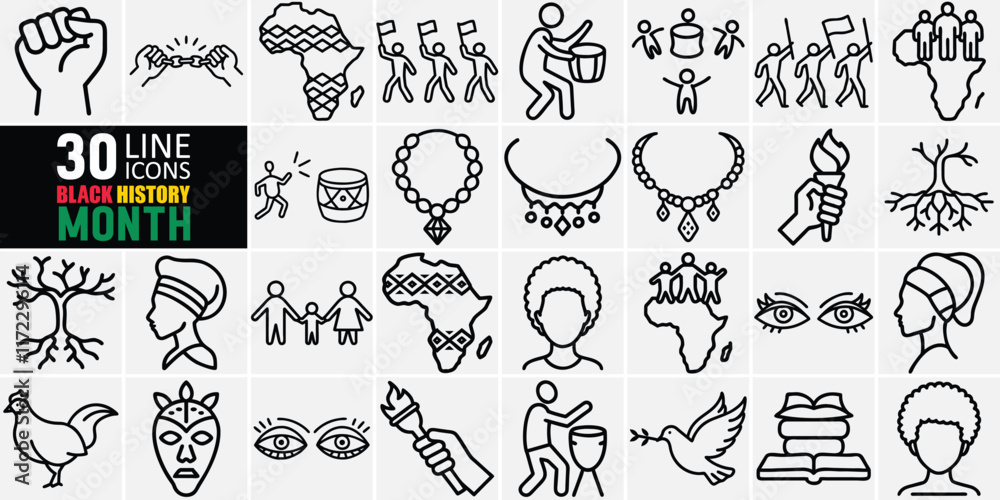 Naklejka premium Black History Month Line Icons Set,Symbols of Culture, Heritage, and Empowerment,Black History Month icons, African heritage symbols