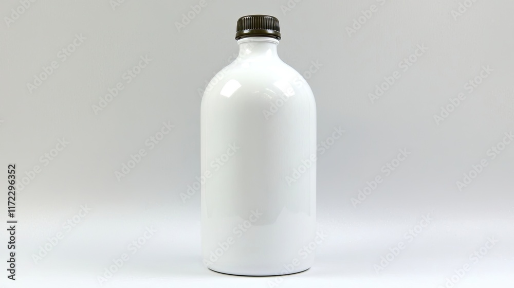 A white ceramic bottle with a dark cap, designed for holding beverages or liquids. A white ceramic bottle with a dark cap, designed for holding beverages or liquids.