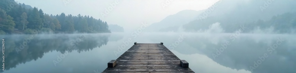 Fototapeta premium Wooden pier stretches into the foggy lake surface, natural, peaceful, stillness
