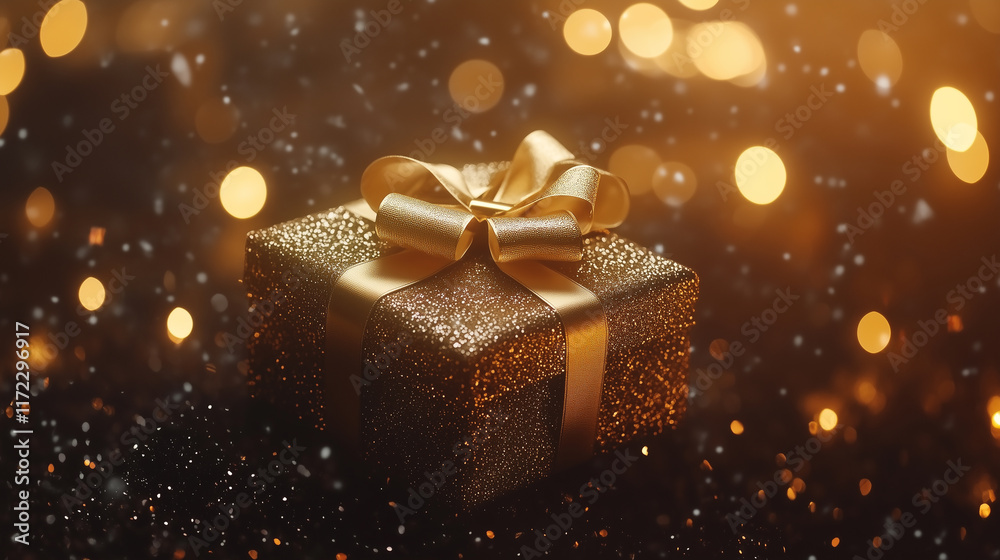 A single luxurious gold gift box adorned with a satin ribbon, placed against a sparkling bokeh background. A single luxurious gold gift box adorned with a satin ribbon, placed against a sparkling bokeh background.