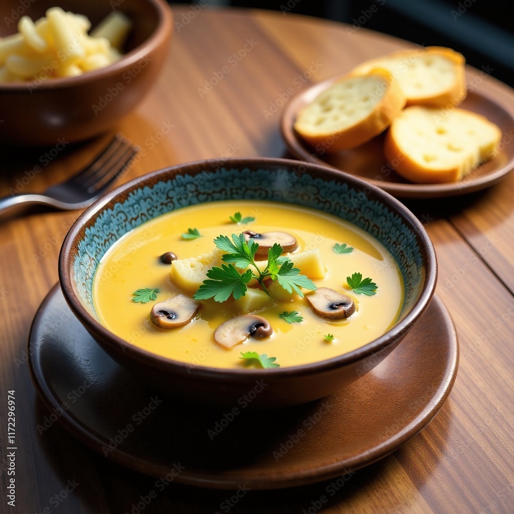 Wooden table with a bowl of creamy mushroom soup and a plate of bread, dining, table Wooden table with a bowl of creamy mushroom soup and a plate of bread, dining, table