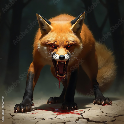 Vicious Red Fox Stalking Through the Dark Forest with Blood on Its Fangs Displaying Unmatched Ferocity