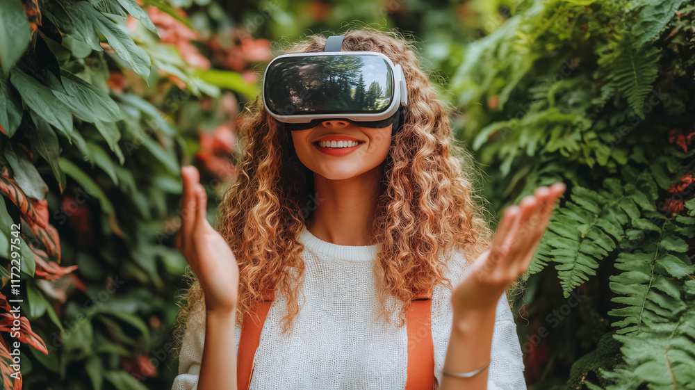 Immersed in a Virtual World: A young woman with curly hair smiles brightly as she experiences the wonders of virtual reality, surrounded by lush greenery. Immersed in a Virtual World: A young woman with curly hair smiles brightly as she experiences the wonders of virtual reality, surrounded by lush greenery.
