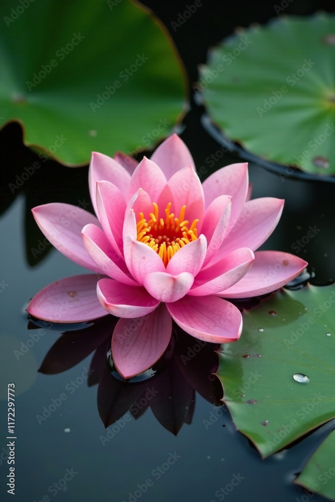 Soft pink water lily petal on serene gray water, green, serene Soft pink water lily petal on serene gray water, green, serene