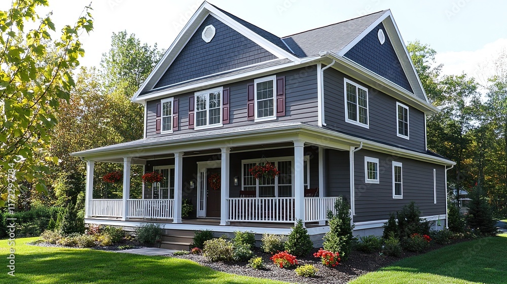 Colonial-style gutter system with ventilated soffit and gray vinyl siding. Colonial-style gutter system with ventilated soffit and gray vinyl siding.