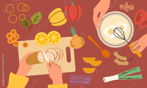 Food cooking top view. Sign or poster for restaurant menu with dish cook. Chef cooking at kitchen with meal ingredients