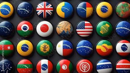 Global Flags Displayed As Circular Badges On Dark Background photo