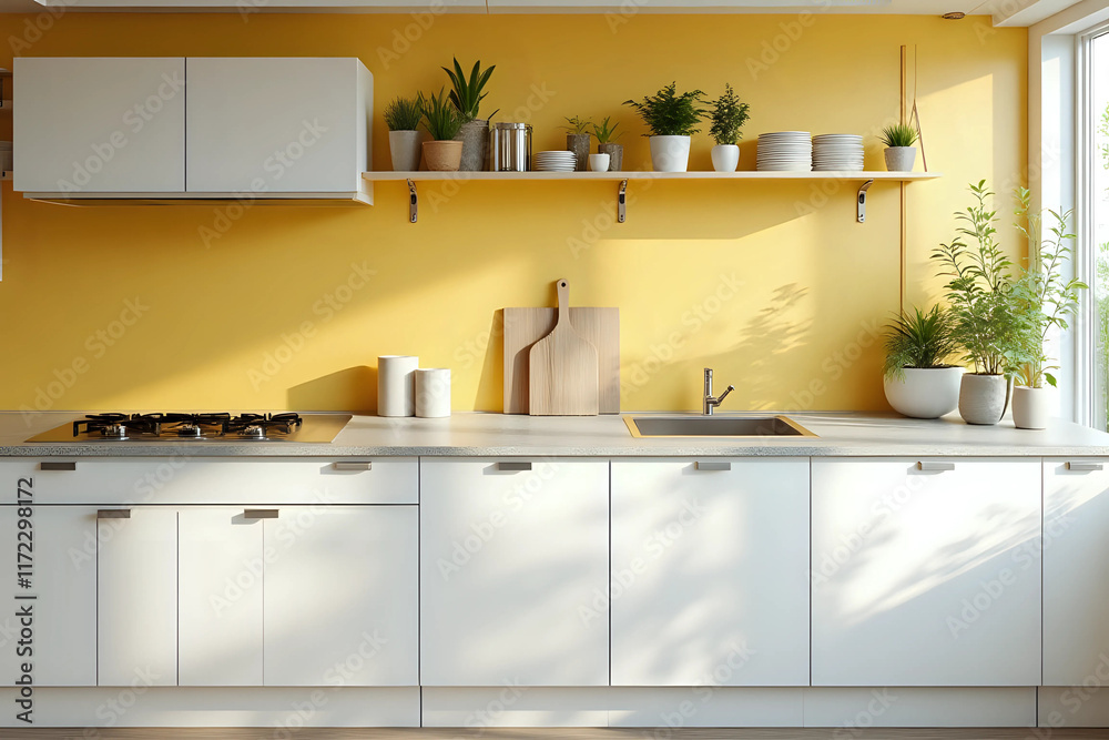Fototapeta premium Interior of stylish kitchen with white counters, peg boards and yellow wall