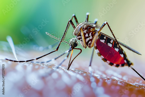Dengue hemorrhagic fever, aedes mosquito sucking human blood on skin.