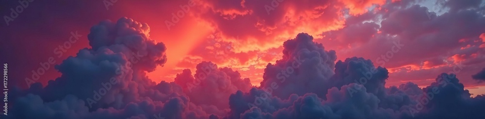 Obraz premium Towering clouds reflect deep crimson hues in the fading light, crimson, rich