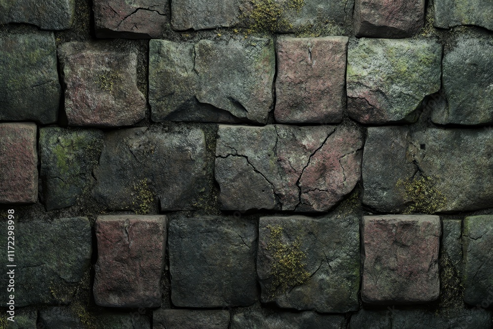 Obraz premium Dark, mossy stone wall texture.
