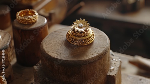 Intricate Gold Ring Design with Floral Motif on Wooden Workbench in Artisan Jewelry Workshop, Highlighting Craftsmanship and Attention to Detail photo