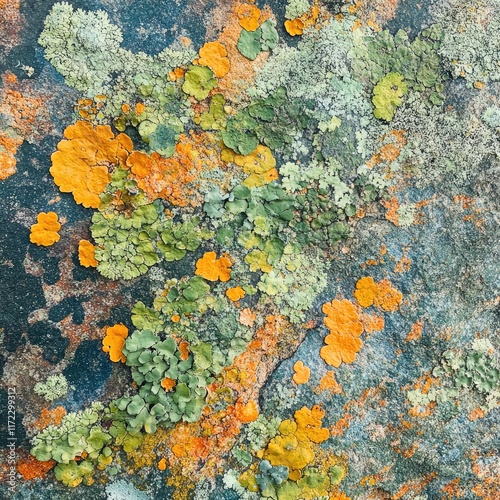 A rock covered in green and orange moss photo