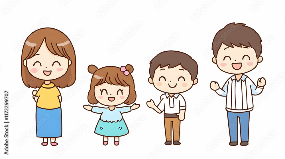 Happy family of four, smiling together against white background; ideal for family, happiness, togetherness concepts. Happy family of four, smiling together against white background; ideal for family, happiness, togetherness concepts.