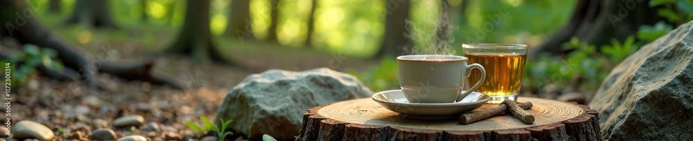 Wooden campsite with a ceramic mug of hot tea, nature, rocks, lifestyle Wooden campsite with a ceramic mug of hot tea, nature, rocks, lifestyle