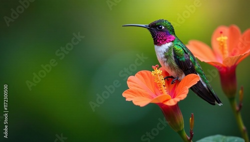 Western Esmeralda Hummingbird Perched On A Flower, tropical flowers, chlorostilbon melanorhynchus, western esmeralda hummingbirds