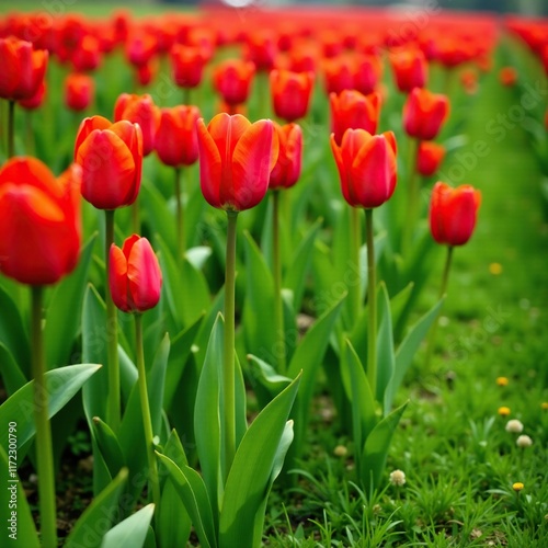 Tall red tulips swaying gently in the wind amidst lush green grass, grassy land, dance, red tulips