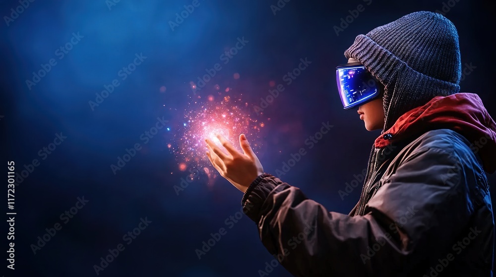Obraz premium Child Wearing Virtual Reality Headset with Magical Light Effect
