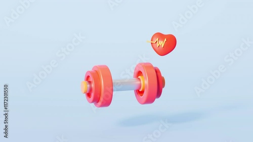An animation of 3d rendering fitness title dumbbell and kettlebells