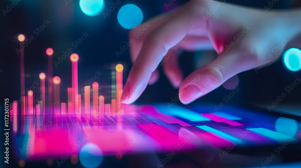 Fototapeta premium Hand Interacting with Digital Tablet Displaying Colorful Data Visualization and Graphs in a Modern Technology Concept