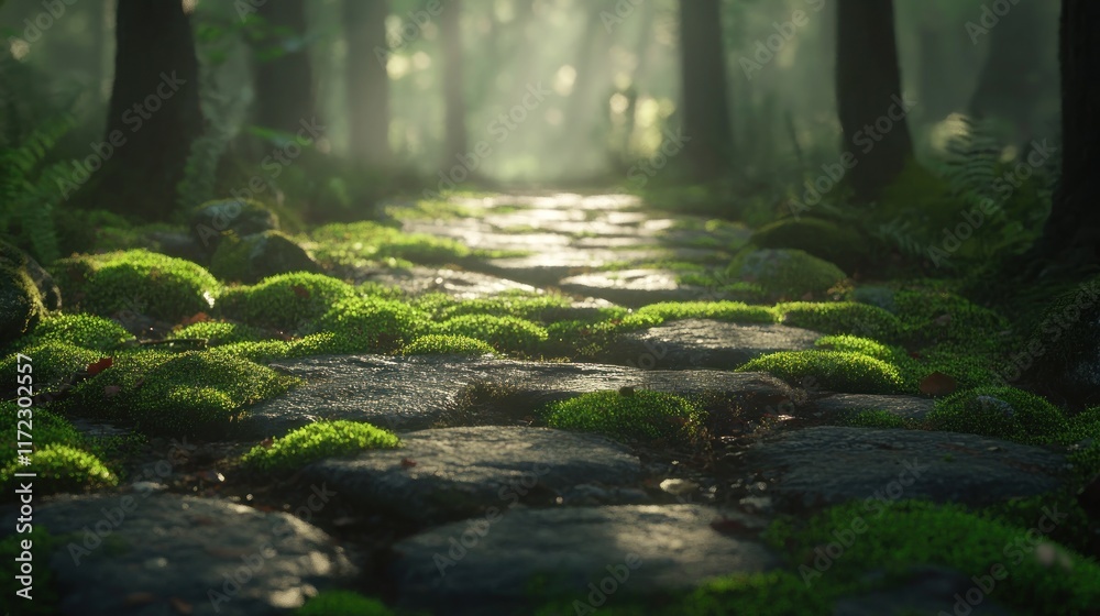Obraz premium Sunlit stone path through mossy forest.