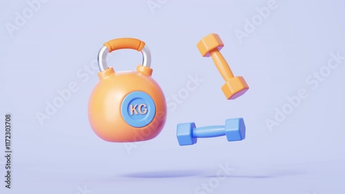 An animation of 3d rendering fitness title dumbbell and kettlebells