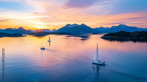 Sailboats at sunset, serene mountain fjord, calm waters, peaceful scene, ideal for travel or nature publications. photo